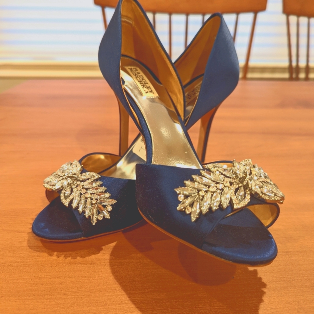 Badgle Mishke navy satin Nikki peep toe pumps